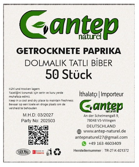 Nahaufnahme des Produktetiketts für getrocknete Paprika mild von Gantep Naturel, 50 Stück, mit Angaben zu Lagerung, Hersteller und Herkunft.