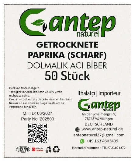 Nahaufnahme des Produktetiketts von Gantep Naturel für getrocknete Paprika (scharf), 50 Stück, mit Zutatenhinweis, Herstellerangabe und Lagerungshinweis in mehreren Sprachen.