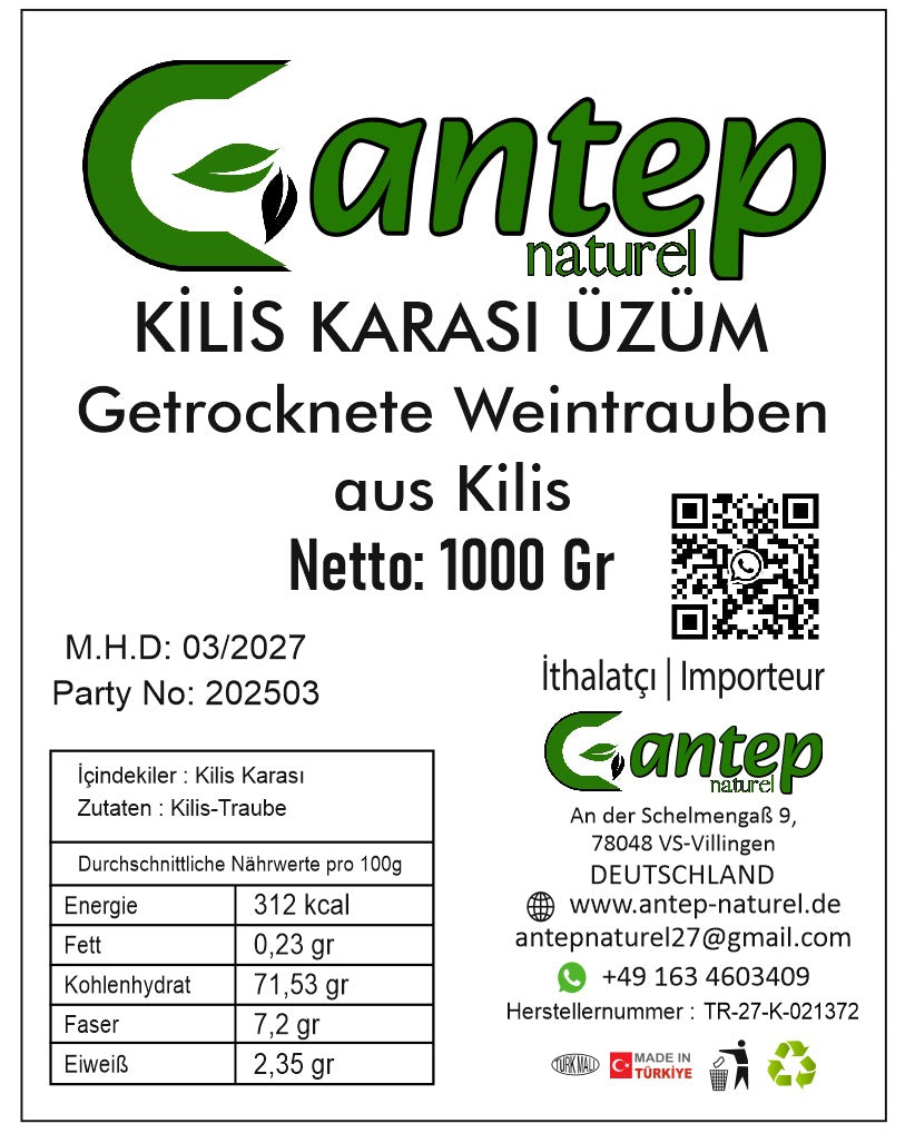 Etikett der getrockneten schwarzen Kilis-Weintrauben von Gantep Naturel mit Produktbezeichnung, Nettofüllmenge, Nährwertangaben sowie Kontakt- und Herkunftsdaten des Importeurs.