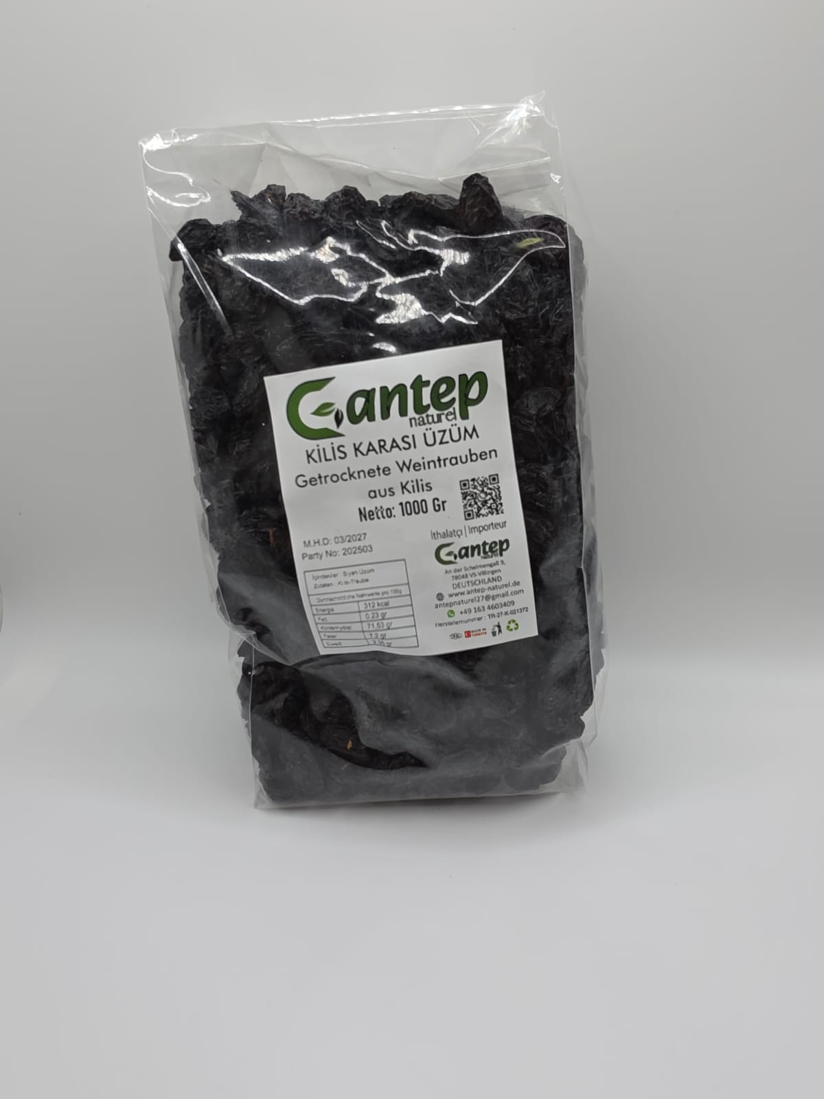 Stehende Produktverpackung mit getrockneten schwarzen Weintrauben aus Kilis von Gantep Naturel, 1000 g.
