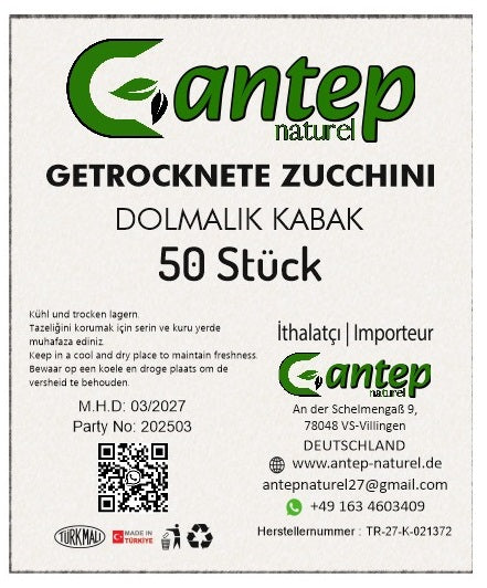 Nahaufnahme des Produktetiketts für getrocknete Zucchini von Gantep Naturel, 50 Stück, mit Angaben zur Lagerung, Herkunft und Kontaktinformationen des Importeurs.