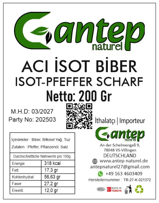 Etikett des Isot-Pfeffers von Gantep Naturel mit detaillierten Angaben zu Zutaten, Nährwerten und Herstellerinformationen, klar lesbar dargestellt.