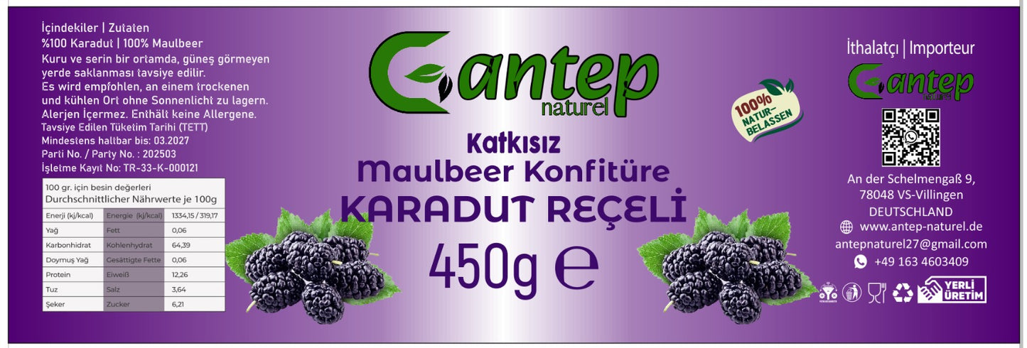 Produktetikett der Gantep Naturel Maulbeer-Konfitüre mit Zutaten, Nährwerten, Lagerhinweisen und Kontaktdaten.