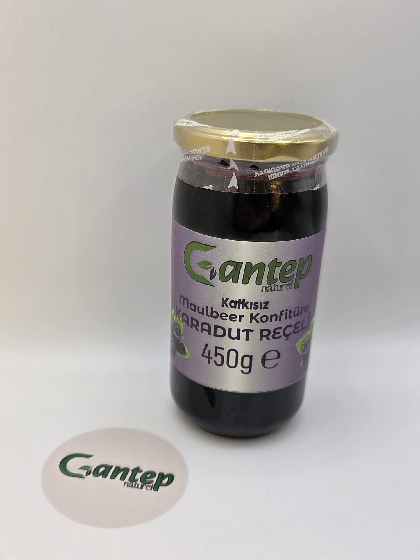 Maulbeer-Konfitüre von Gantep Naturel im 450 g-Glas mit violettem Etikett und goldfarbenem Schraubdeckel.