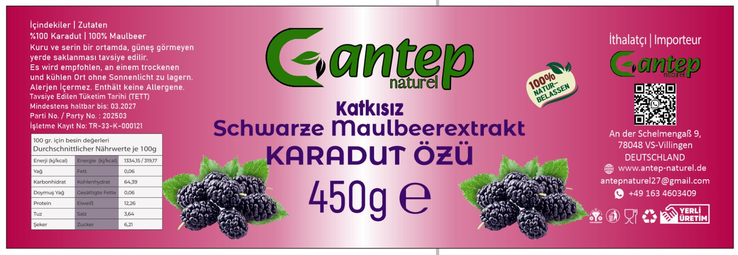 Produktetikett von Gantep Naturel für Schwarze Maulbeerenextrakt 450 g mit Angaben zu Zutaten, Nährwerten und Lagerhinweisen.