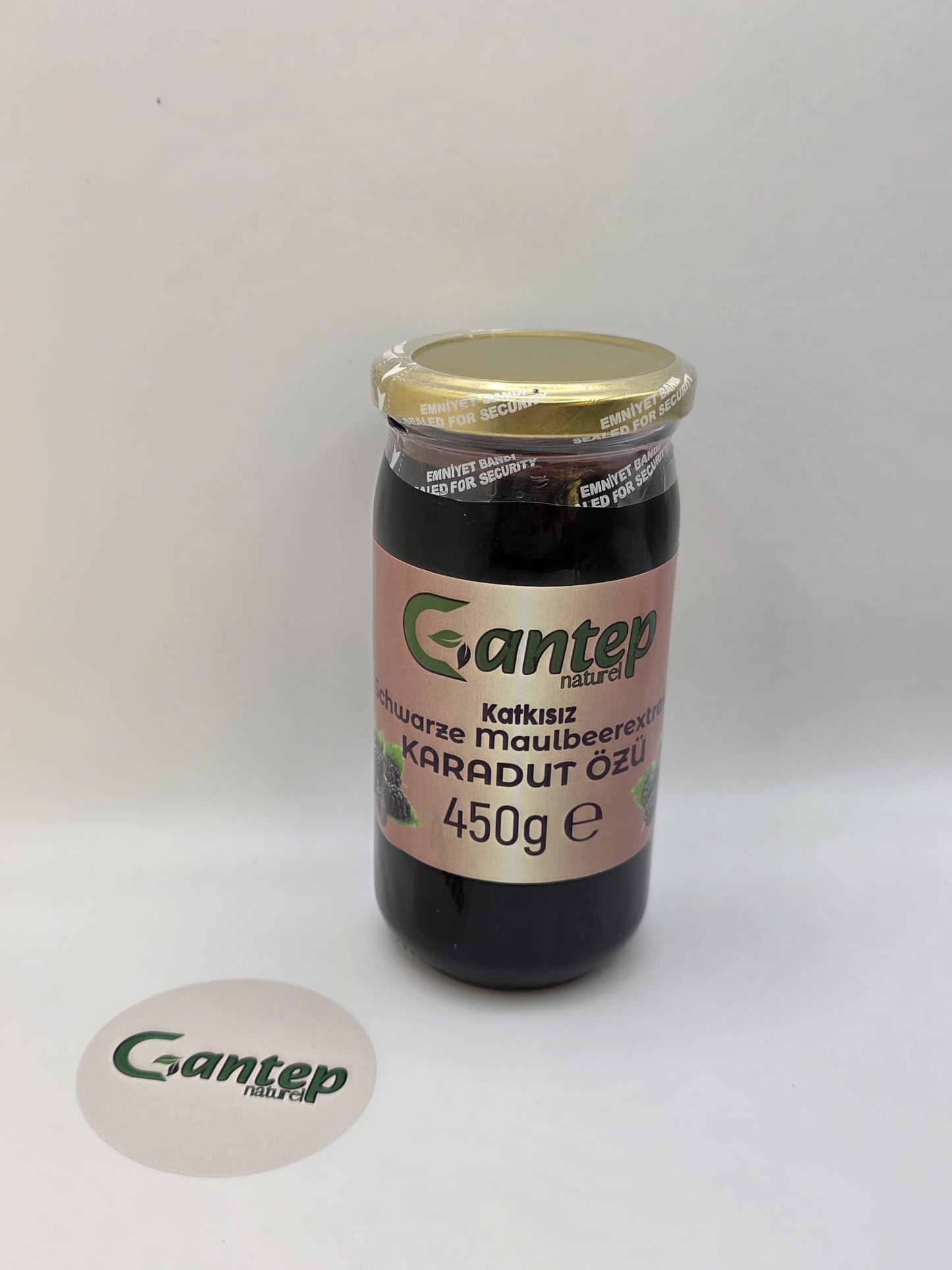Schwarze Maulbeerenextrakt 450 g von Gantep Naturel in Glasverpackung mit goldfarbenem Deckel.