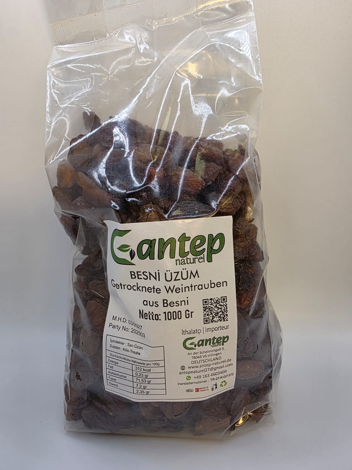Transparente 1000g-Verpackung von Gantep Naturel mit getrockneten Weintrauben aus Besni und gut lesbarem Produktetikett.