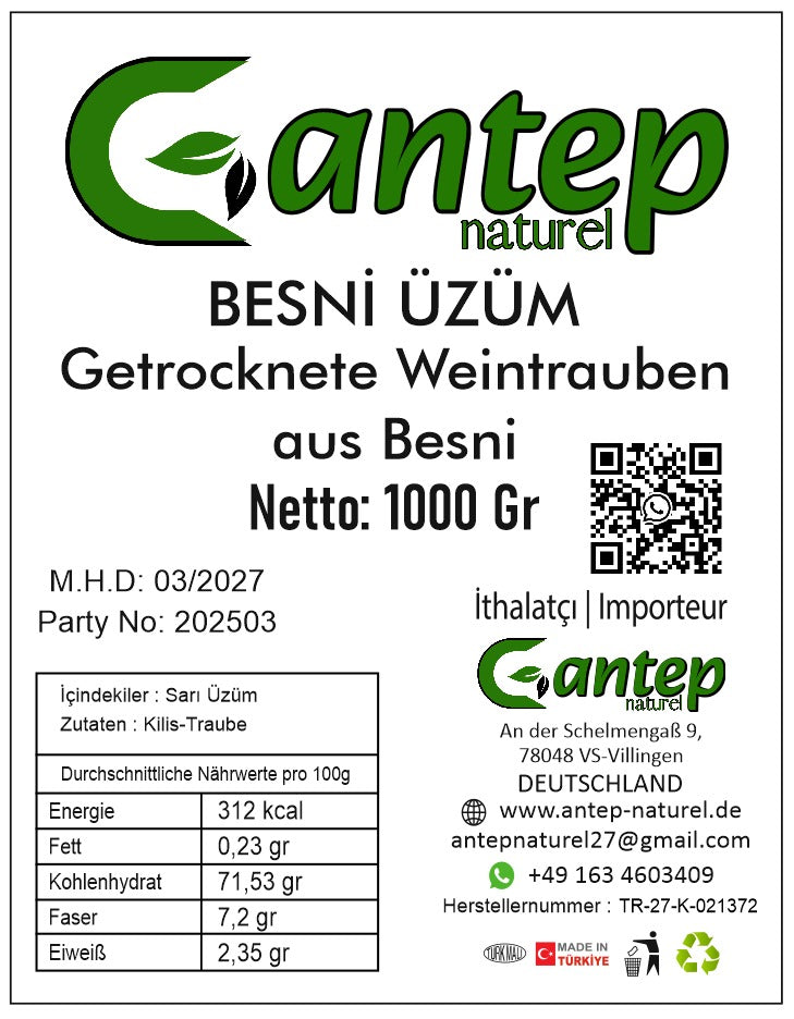 Etikett der Gantep Naturel Besni Üzüm – getrocknete Weintrauben 1000 g mit Angaben zu Zutaten, Nährwerten und Herkunft, in klarer schwarzer Schrift auf weißem Etikett.