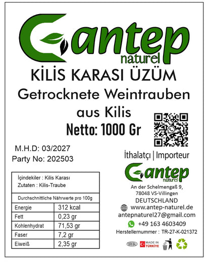 Etikett der getrockneten schwarzen Kilis-Weintrauben von Gantep Naturel mit Produktbezeichnung, Nettofüllmenge, Nährwertangaben sowie Kontakt- und Herkunftsdaten des Importeurs.