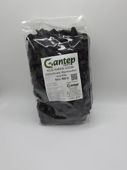 Stehende Produktverpackung mit getrockneten schwarzen Weintrauben aus Kilis von Gantep Naturel, 1000 g.