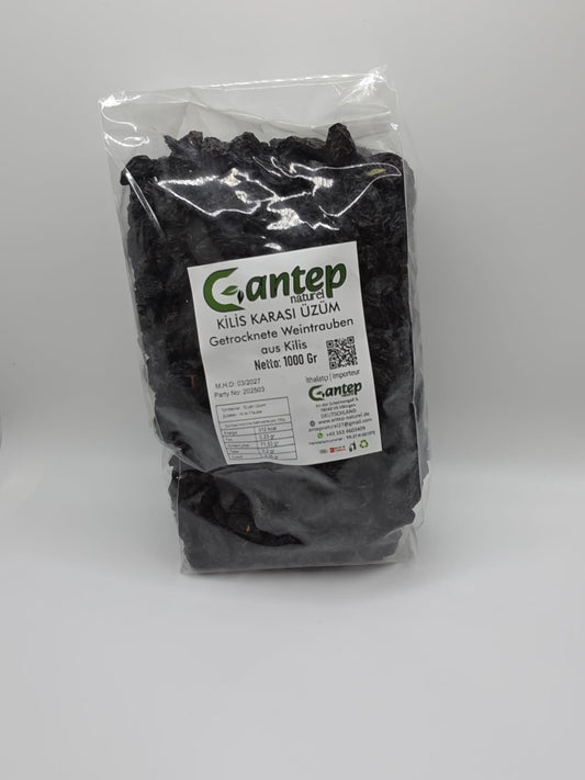 Stehende Produktverpackung mit getrockneten schwarzen Weintrauben aus Kilis von Gantep Naturel, 1000 g.