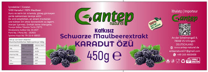 Produktetikett von Gantep Naturel für Schwarze Maulbeerenextrakt 450 g mit Angaben zu Zutaten, Nährwerten und Lagerhinweisen.