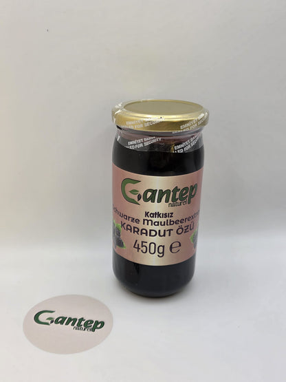 Schwarze Maulbeerenextrakt 450 g von Gantep Naturel in Glasverpackung mit goldfarbenem Deckel.