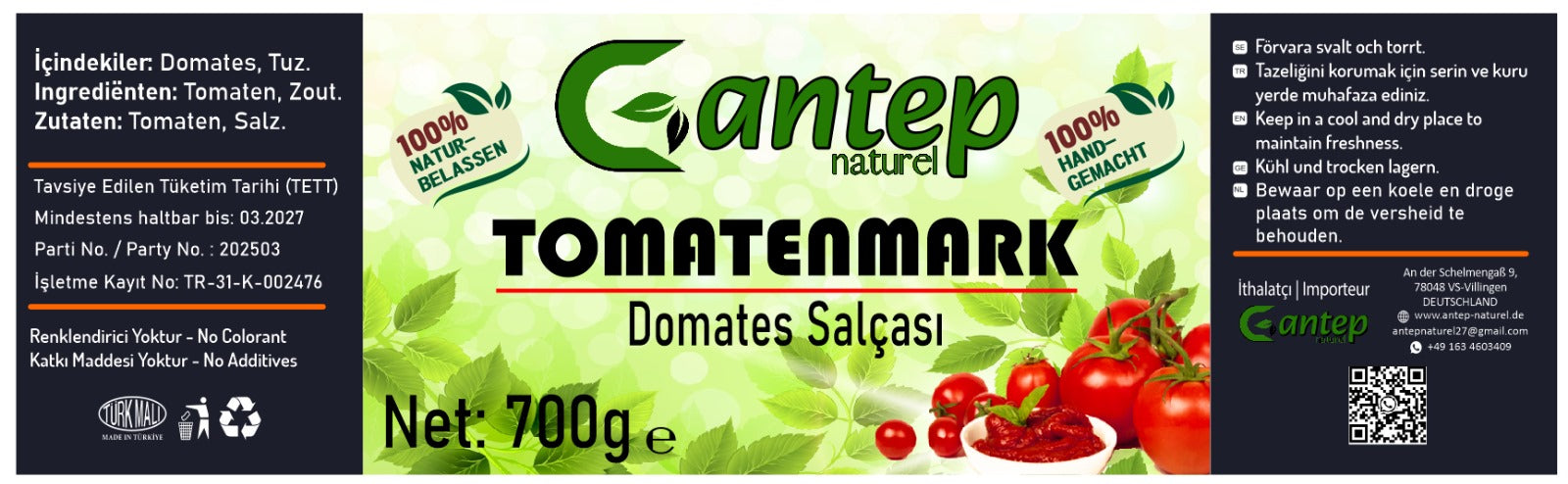 Produktetikett des Gantep Naturel Tomatenmarks mit Inhaltsangabe, Lagerungshinweisen und Importeurinformationen auf hellem Hintergrund.