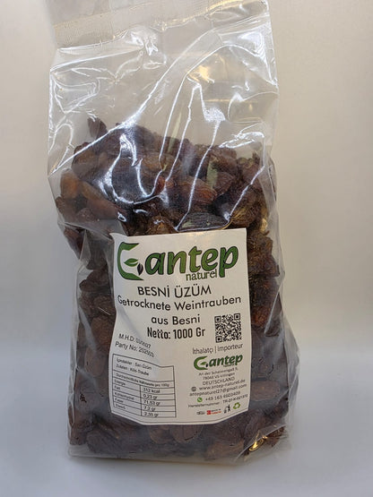 Transparente 1000g-Verpackung von Gantep Naturel mit getrockneten Weintrauben aus Besni und gut lesbarem Produktetikett.