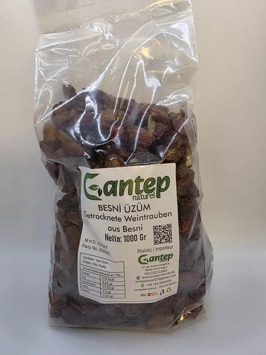 Transparente 1000g-Verpackung von Gantep Naturel mit getrockneten Weintrauben aus Besni und gut lesbarem Produktetikett.