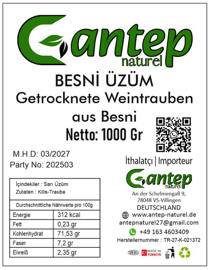 Etikett der Gantep Naturel Besni Üzüm – getrocknete Weintrauben 1000 g mit Angaben zu Zutaten, Nährwerten und Herkunft, in klarer schwarzer Schrift auf weißem Etikett.