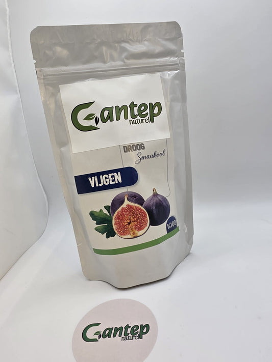 Beutel mit getrockneten Feigen der Marke Gantep Naturel, Aufschrift "Vijgen" und Abbildung frischer Feigen.