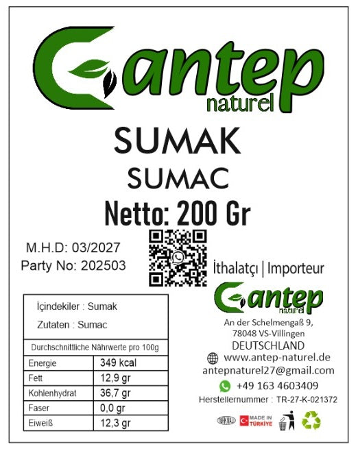 Produktetikett von Gantep Naturel Sumak 200 g mit Herstellerangaben, Zutatenliste (Sumak), Nährwerttabelle und Importeuradresse aus Deutschland – schwarzer Text auf weißem Hintergrund mit grünem Markenlogo.