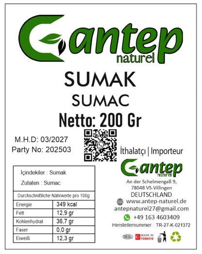 Produktetikett von Gantep Naturel Sumak 200 g mit Herstellerangaben, Zutatenliste (Sumak), Nährwerttabelle und Importeuradresse aus Deutschland – schwarzer Text auf weißem Hintergrund mit grünem Markenlogo.