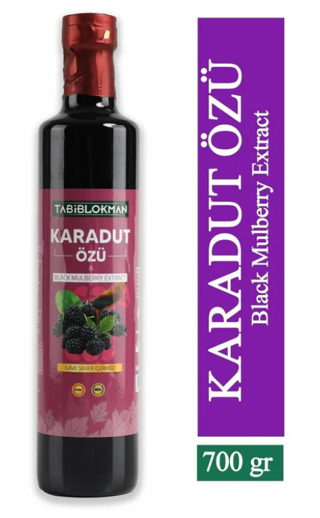 Flasche TabibLokman Karadut Özü – Schwarzer Maulbeerextrakt 700 g, naturbelassen und ohne Zuckerzusatz.